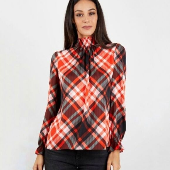 Tucker Tops - Tucker Stella Top The JCRT Kris Kringle Plaid in Stretch Georgette Silk Blouse